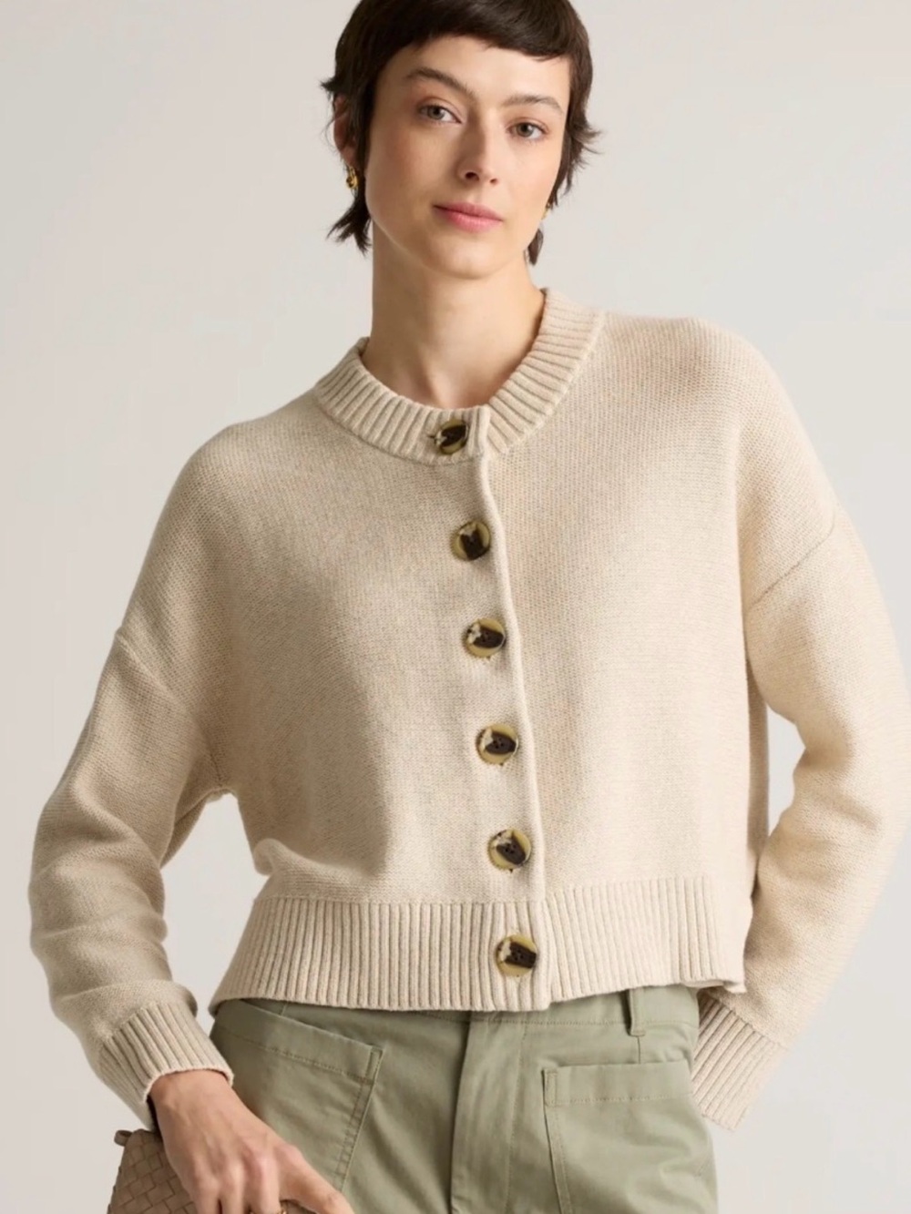 Quince speckled beige organic cotton cardigan. Size S.